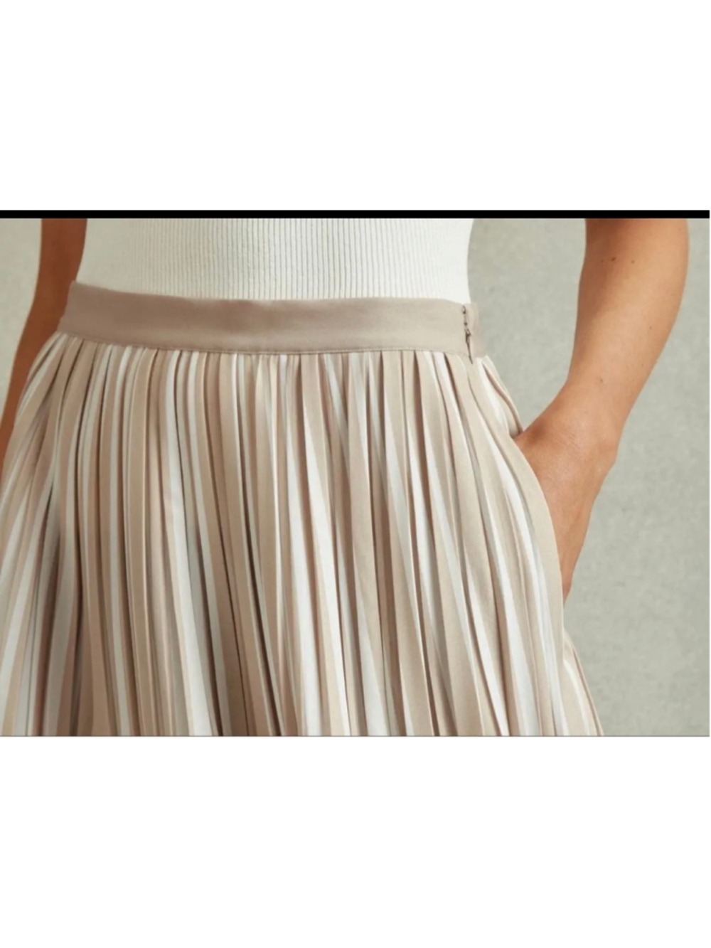NWT REISS Lexie Striped Pleated Midi Skirt Size 12 Beige White - Picture 3 of 6